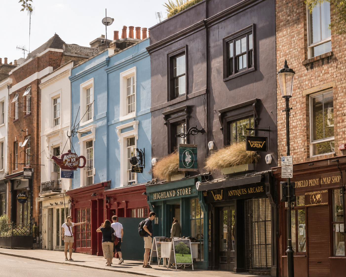 Antique shops and colourful facades on Portobello Road