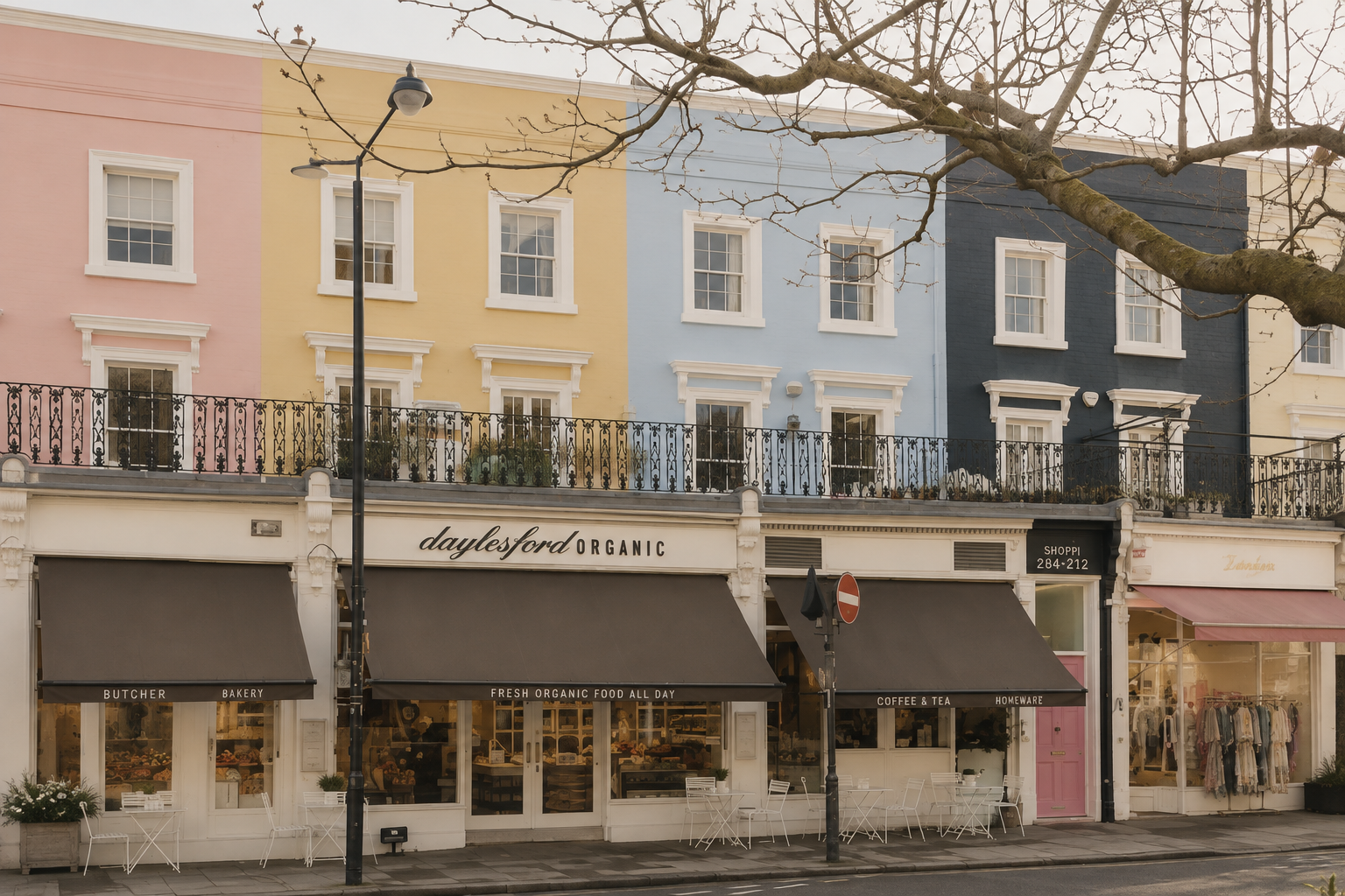 Pastel shopfronts and townhouses on a Notting Hill parade