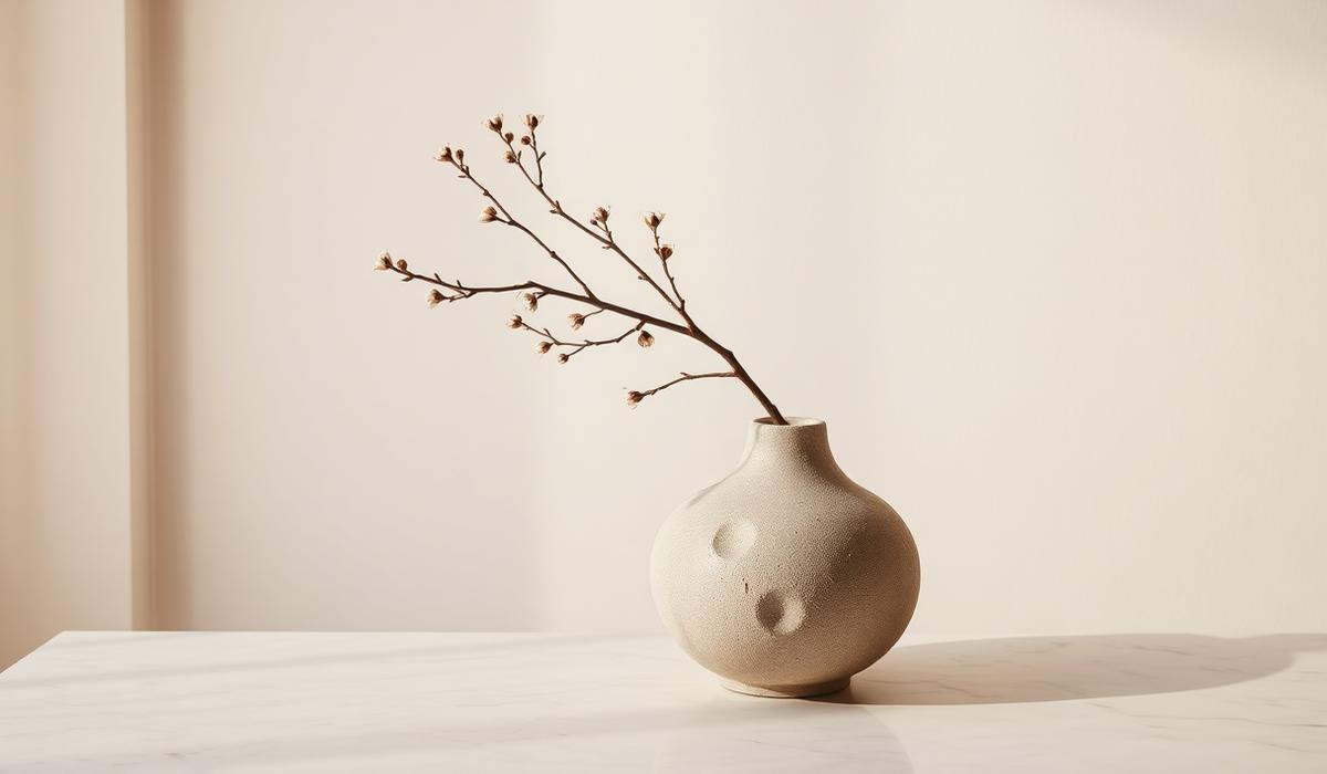 Stone vase with dried blossom on a marble surface