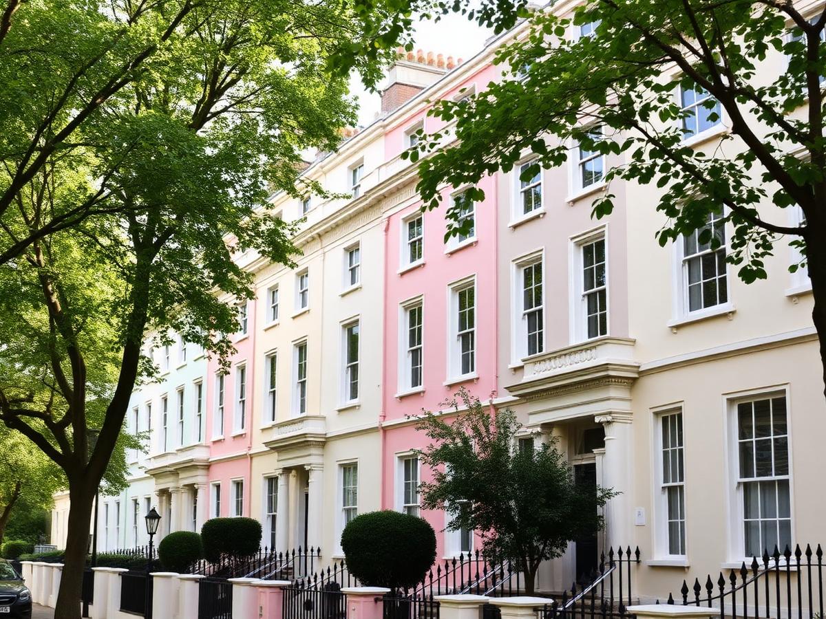 Pastel Notting Hill townhouses lined with street trees
